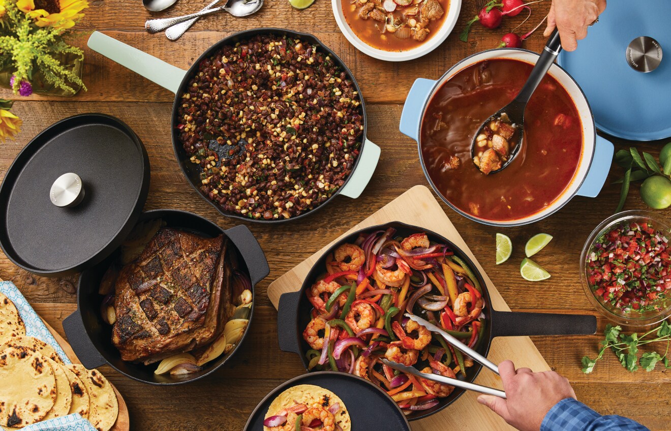 Person preparing meal wit KitchenAid® Cast Iron Cookware.