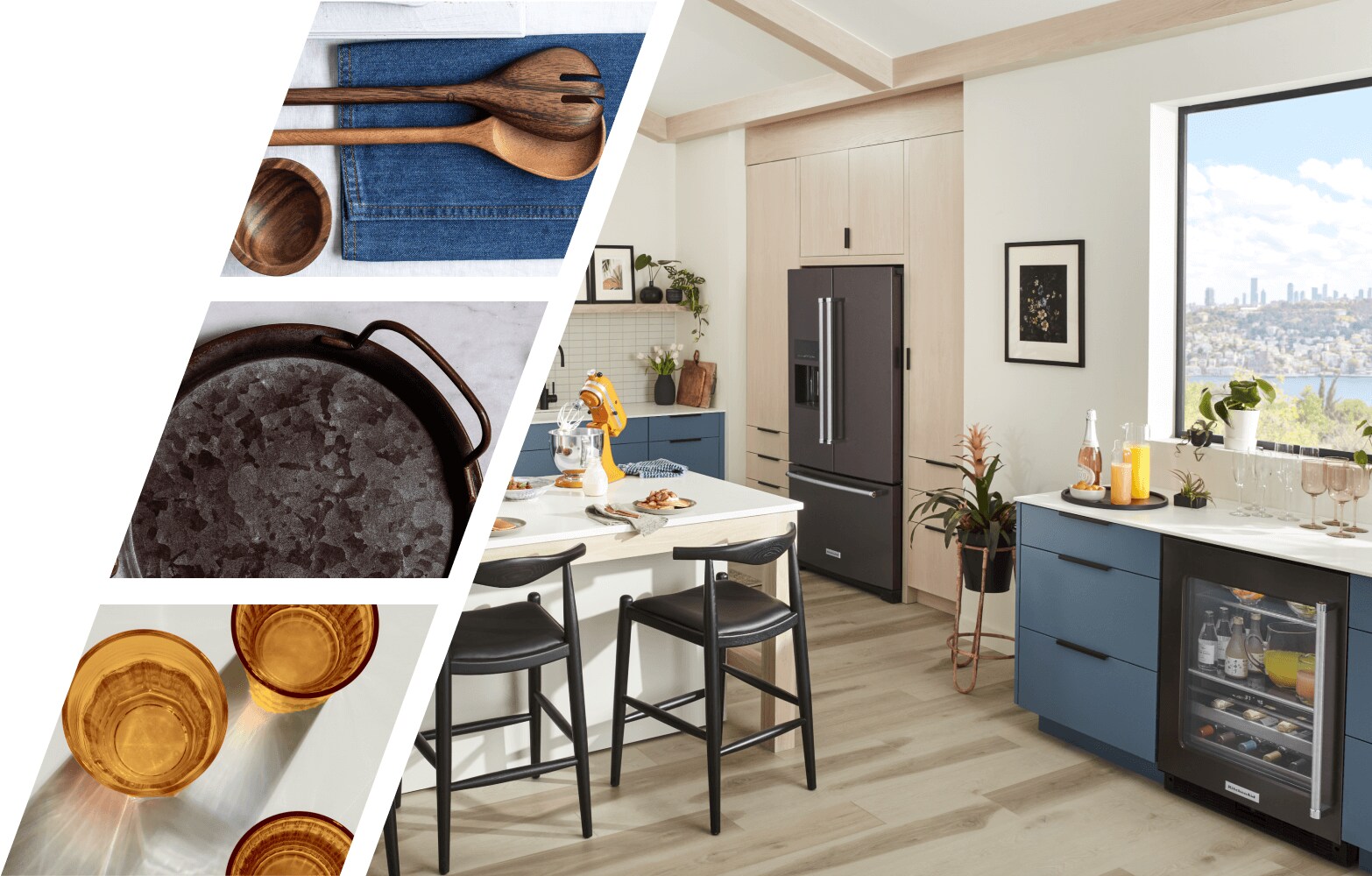 A bright modern kitchen with blue cabinetry and airy accents, and a collection of detailed images featuring amber glassware, wood utensils and textured servingware. 