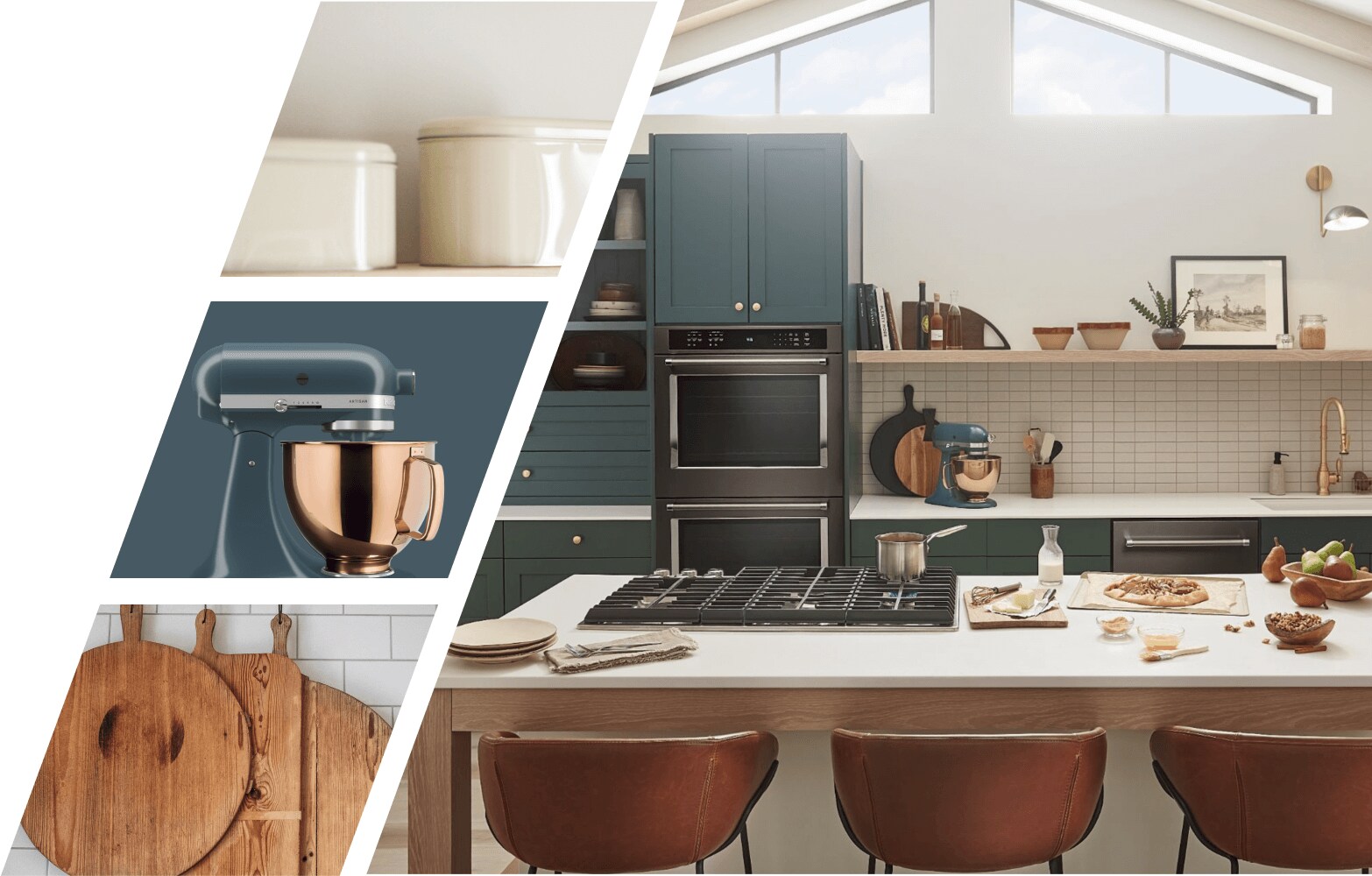 A colorful kitchen with green cabinetry, and a collection of detailed images featuring textured bowls, cutting boards, and a dark green KitchenAid® Stand Mixer with a copper bowl. 