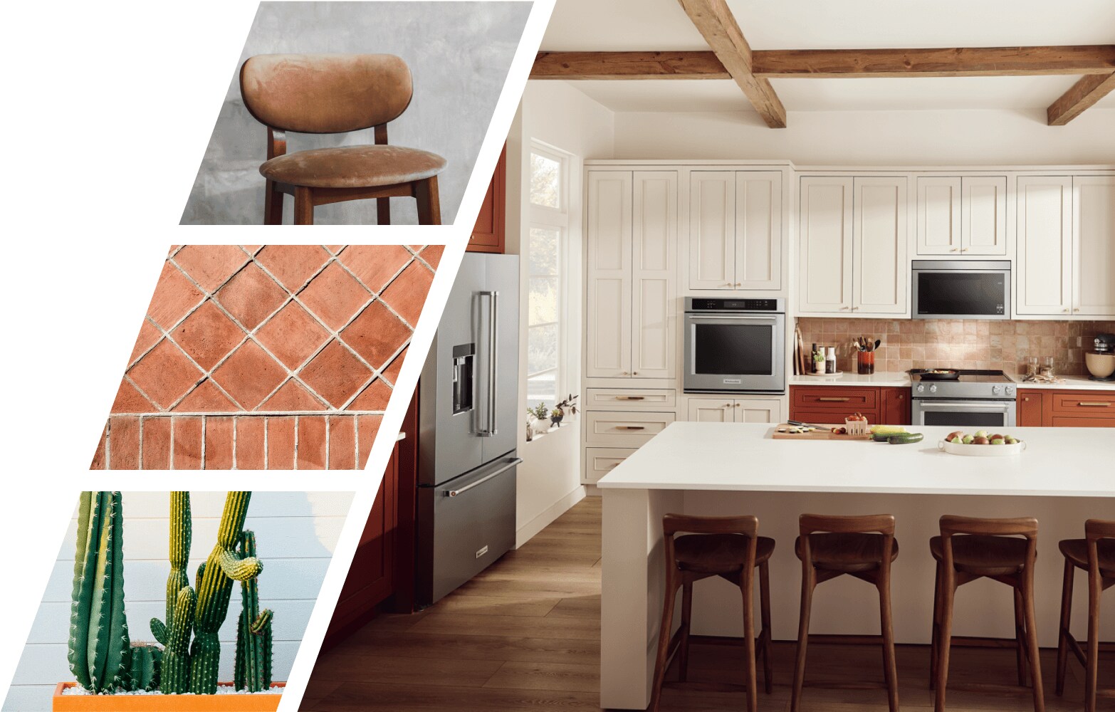 A bold kitchen with KitchenAid appliances and white and rust-colored cabinets, and a collection of detailed images featuring wooden chairs, terracotta tiles, and cactus plants. 