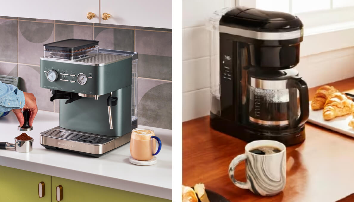 A KitchenAid® Espresso Machine in Juniper paired with a pictureof a KitchenAid® drip coffee maker.