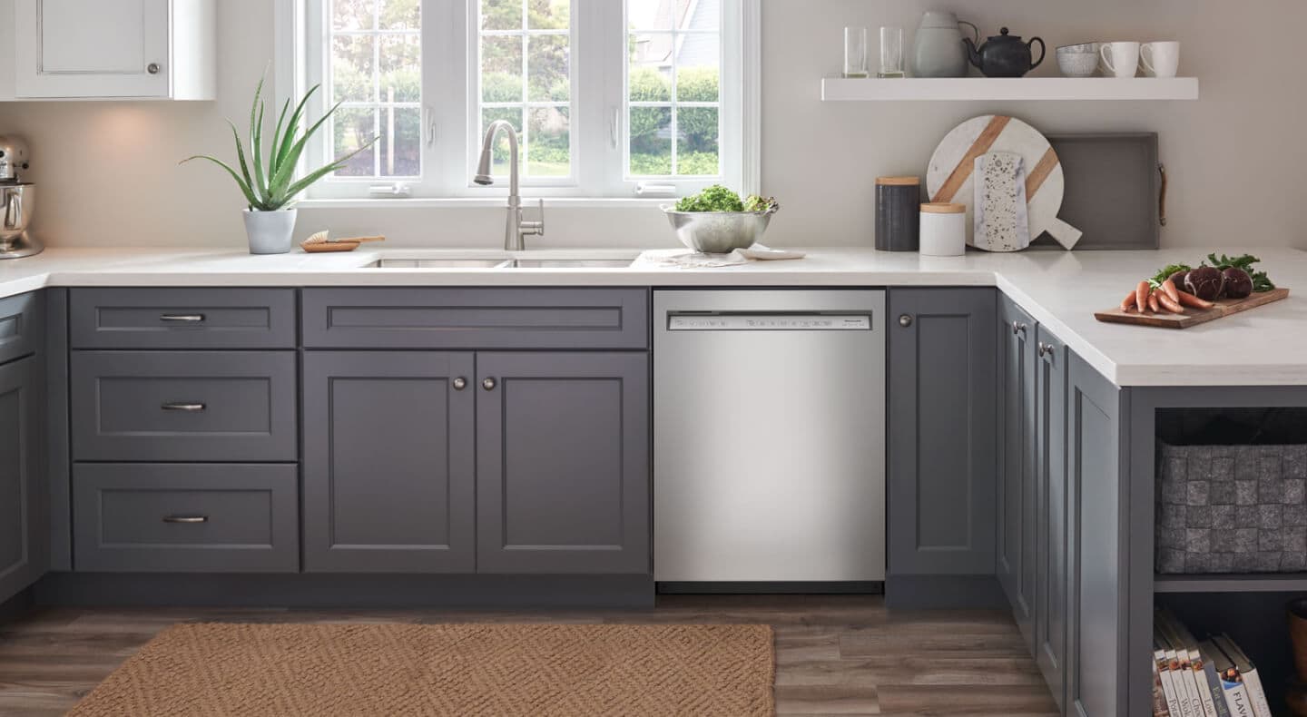 Stainless steel KitchenAid® dishwasher in a modern kitchen  Stainless steel KitchenAid® dishwasher in a modern kitchen