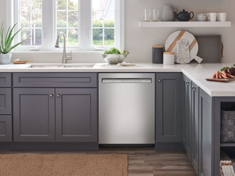 Stainless steel KitchenAid® dishwasher in a modern kitchen  Stainless steel KitchenAid® dishwasher in a modern kitchen