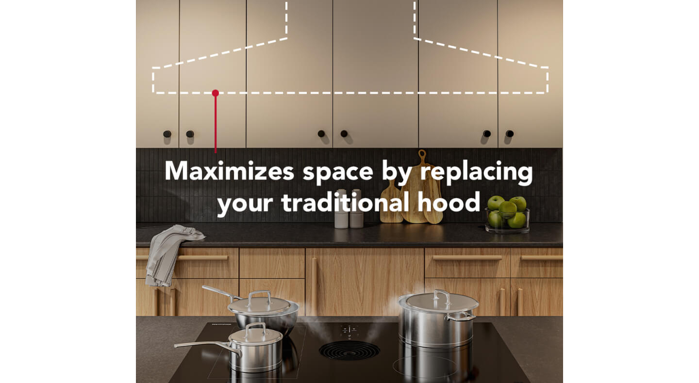 Island range hood infographic highlighting space saving