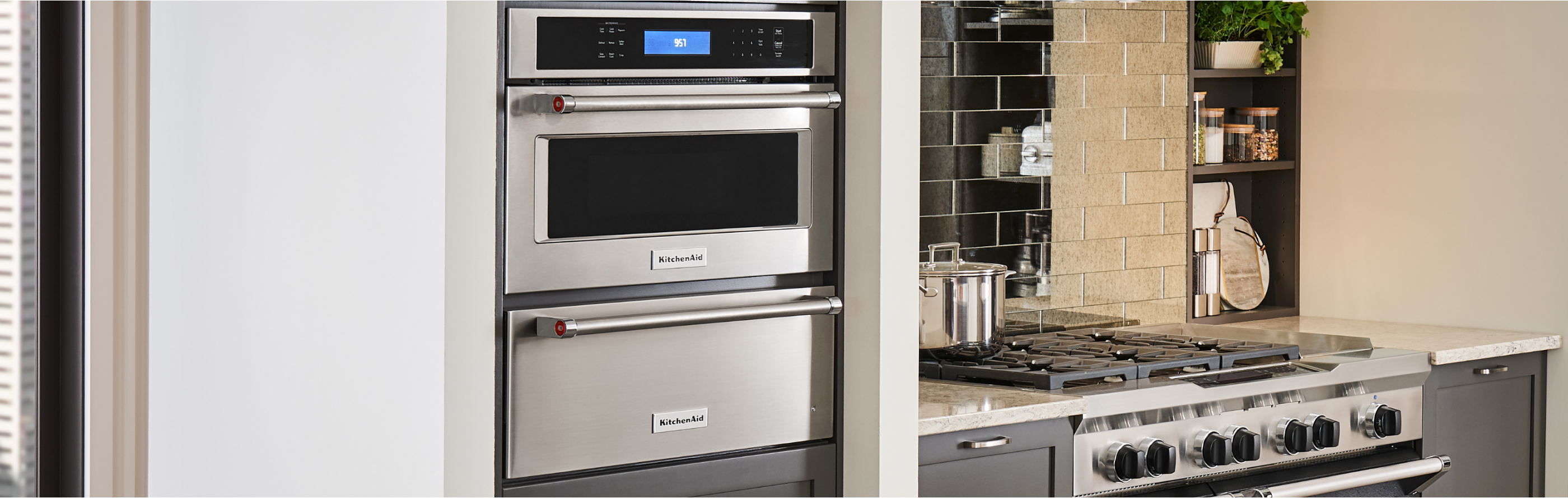 View of wall oven and warming drawer