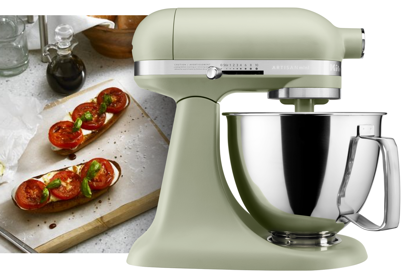 Matte Avocado Cream Artisan® Mini Tilt-Head Stand Mixer.