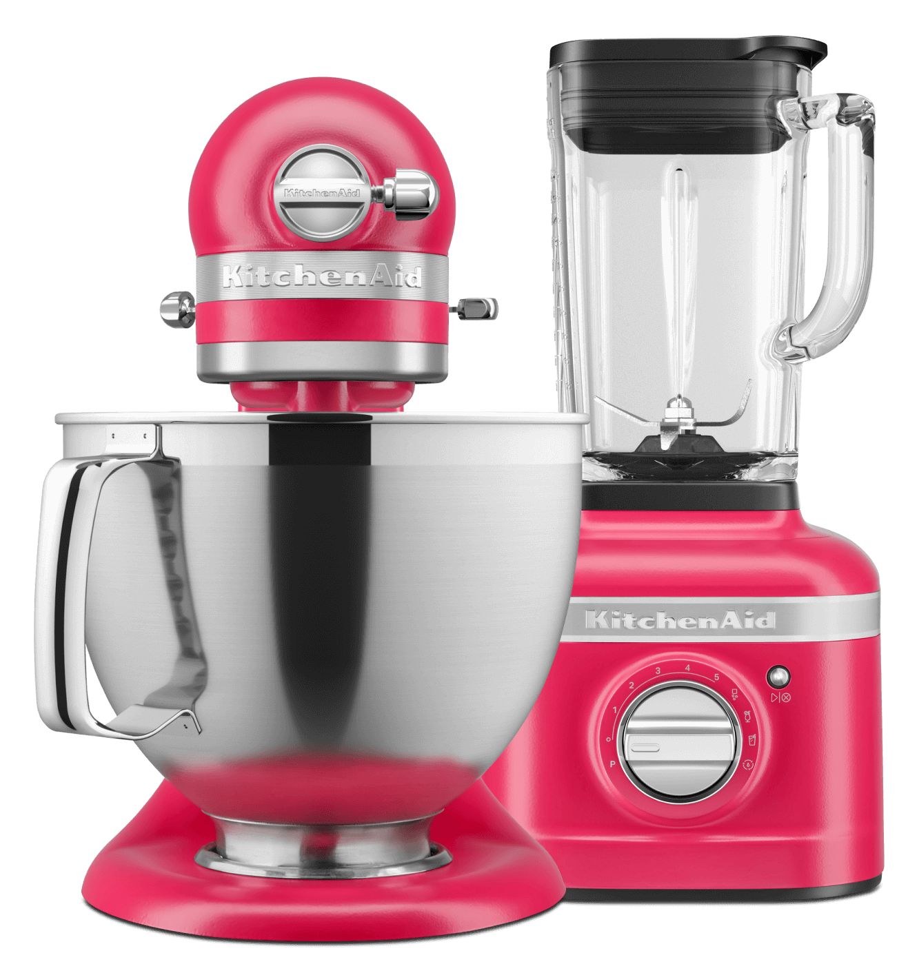 An Artisan® Series Stand Mixer and Blender in Hibiscus.