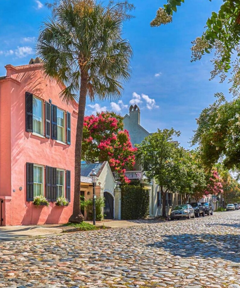 A pink home with a palm tree in front.