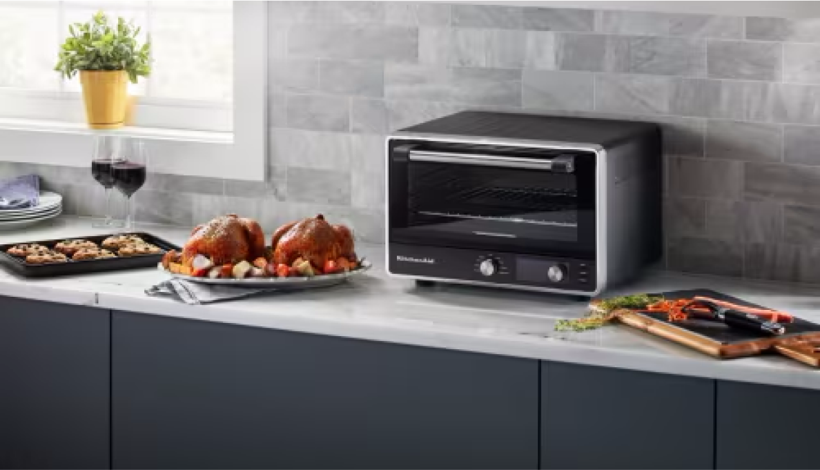 A KitchenAid® toaster oven on a countertop.