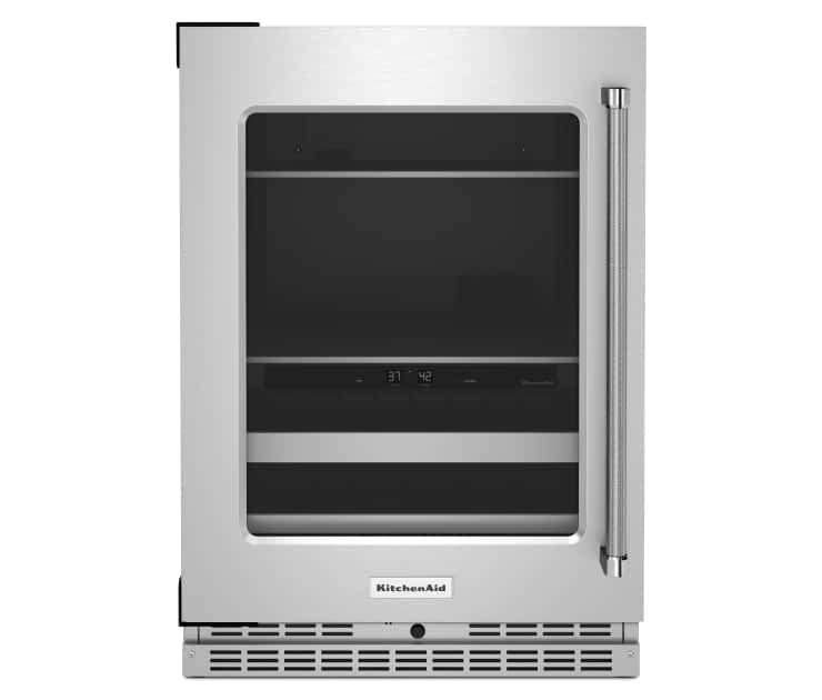 A 24" Beverage Center with Glass Door and Metal-Front Racks.