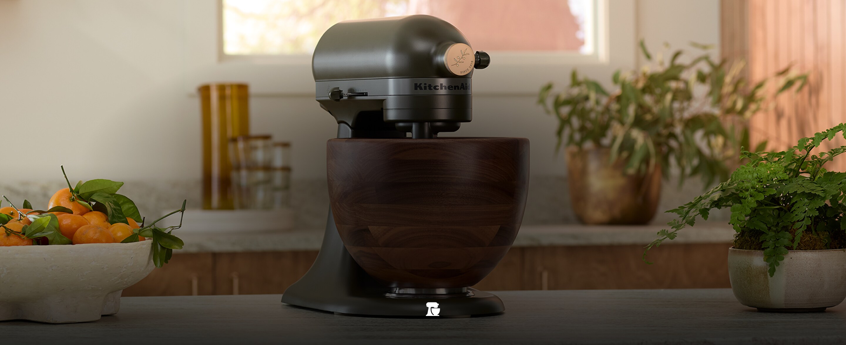 The Evergreen stand mixer on a countertop.