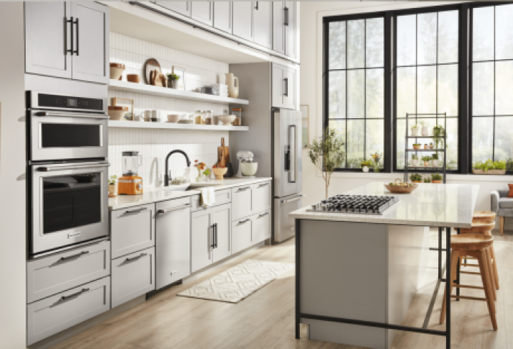 A neutral kitchen featuring KitchenAid appliances