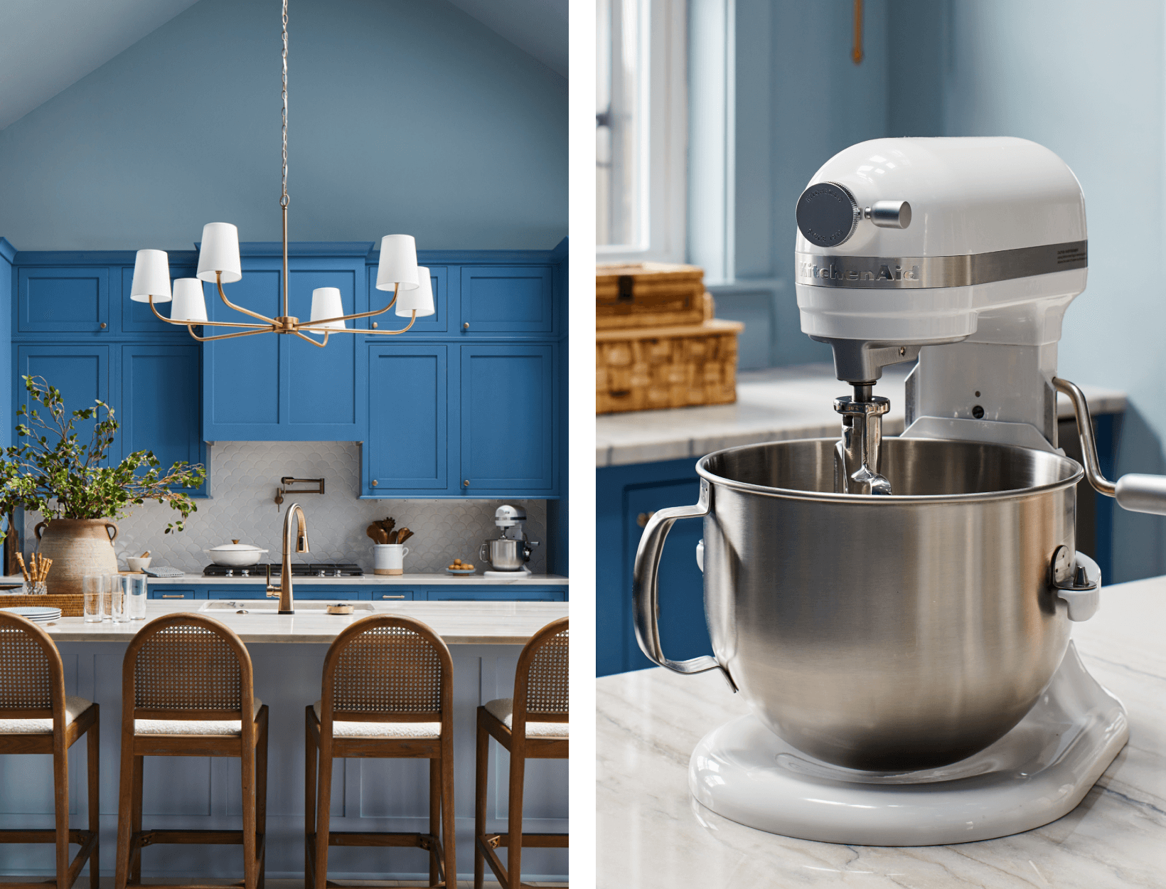 Collage of images with kitchen island and blue cabinets and close up of KitchenAid® stand mixer. 