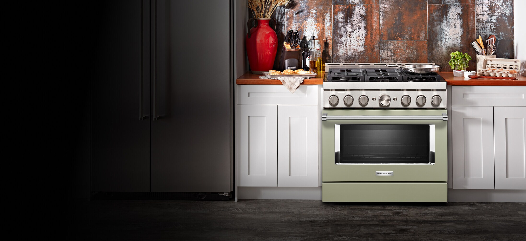 Kitchen with avocado cream range.