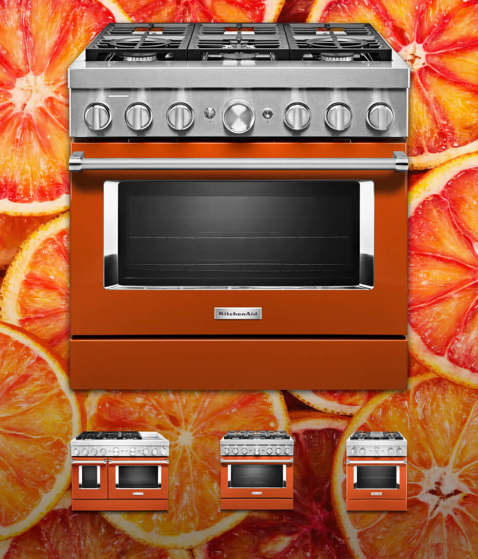 Product shot of scorched orange range with citrus slices in background. 