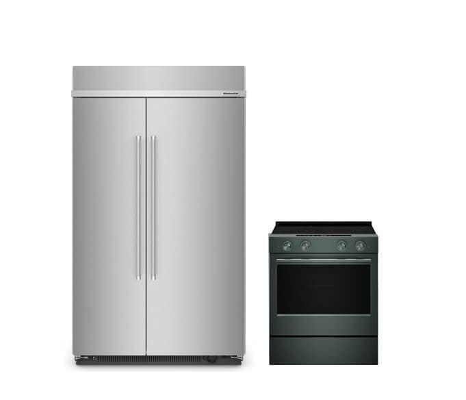 A stainless steel built-in side-by-side refrigerator next to a stainless steel range