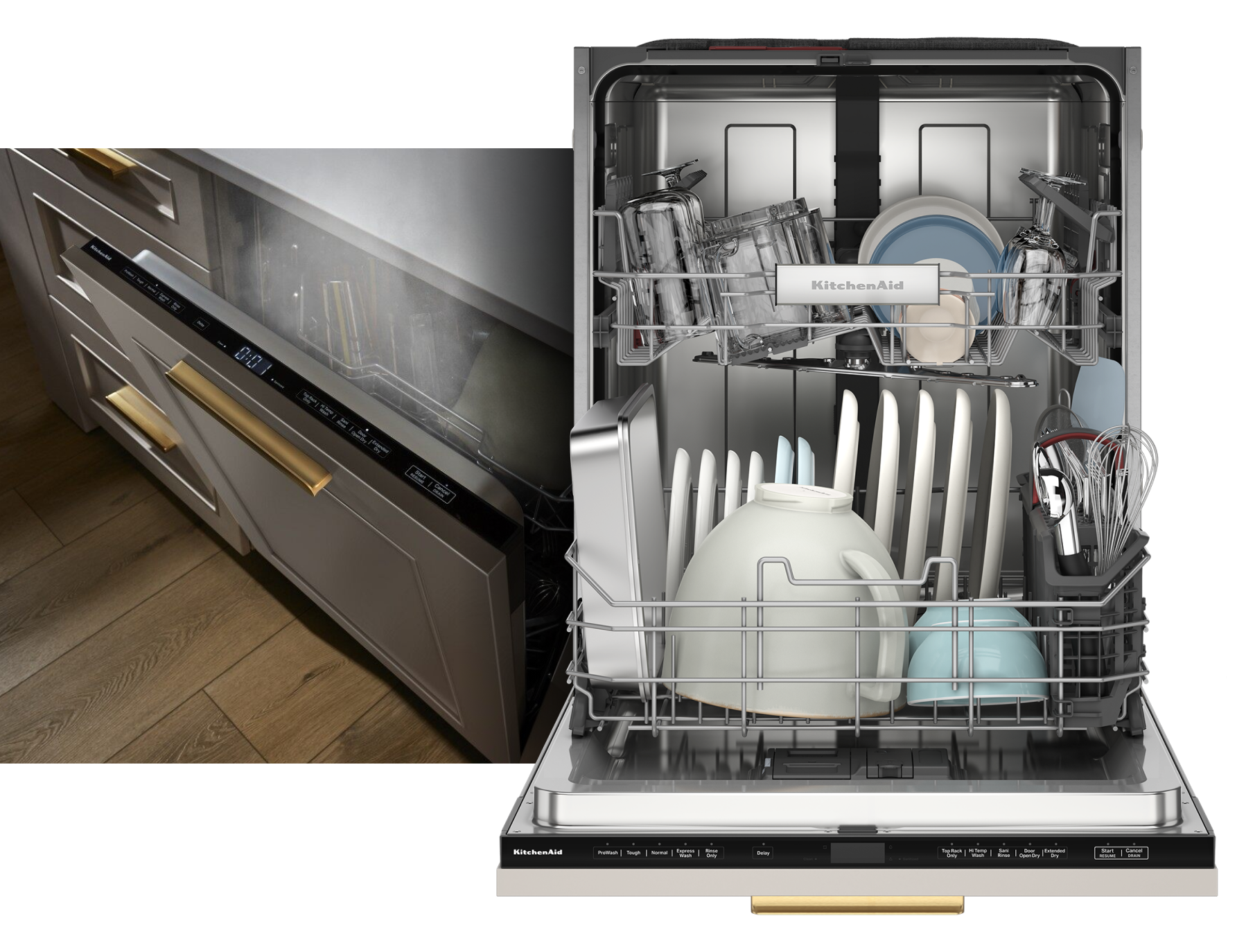 Image Left, Steam leaving an open panel-ready dishwasher. Image Right, Interior view of loaded two rack dishwasher.