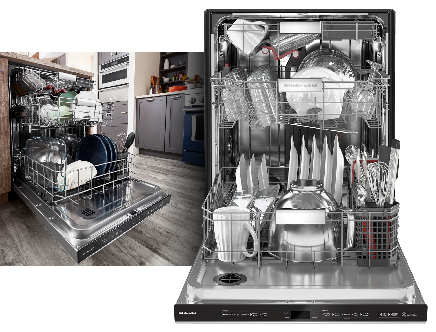 Image Left, An open, loaded 360° Max Jets™ Third Rack Dishwasher in a grey kitchen. Image Right, Interior view of a loaded 360° Max Jets™ Third Rack Dishwasher.