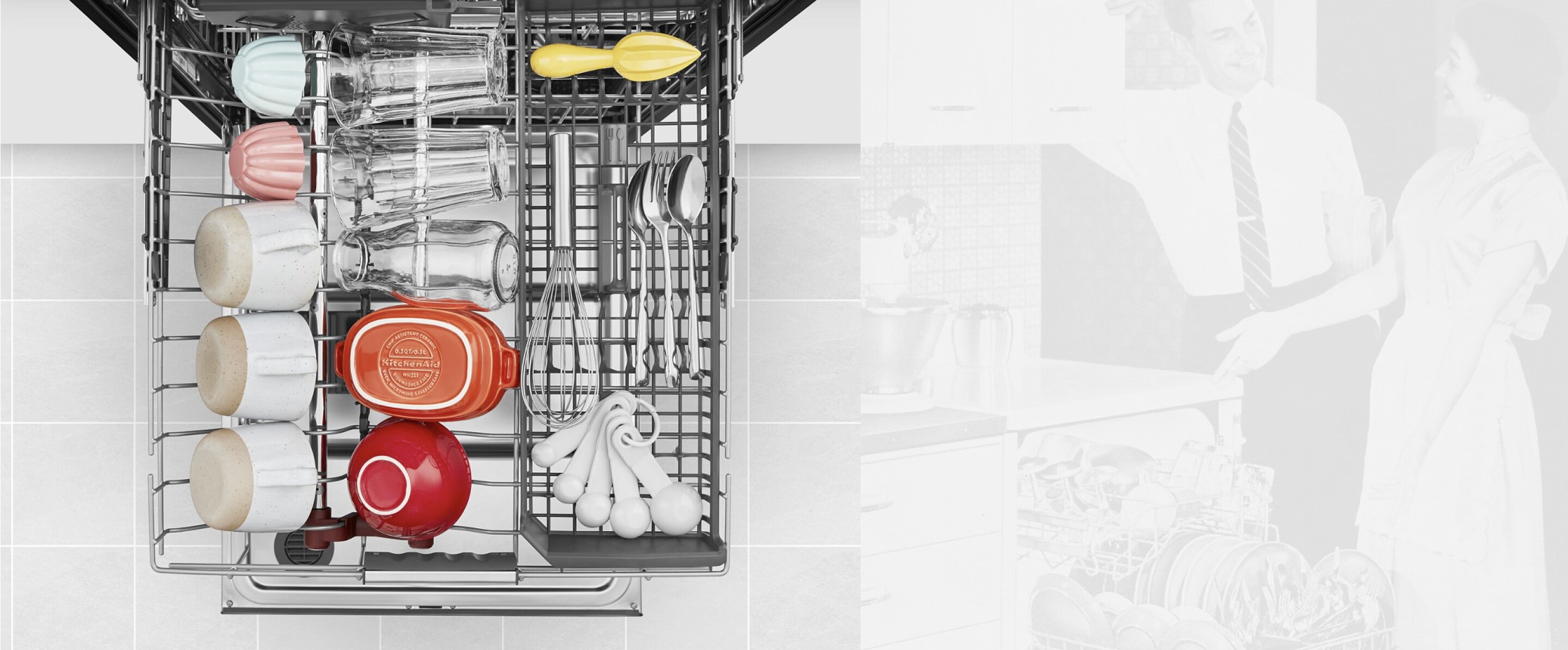 Cups, glasses, bowls and utensils in third rack of KitchenAid® FreeFlex™ Third Rack Dishwasher 