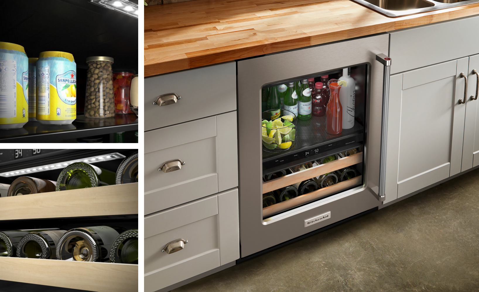 A collage of images including a closeup of drinks and food in a beverage center; a fully stocked beverage center installed under a wood countertop, surrounded by taupe cabinets; a closeup of the bottoms of wine bottles in the racks of a beverage center.