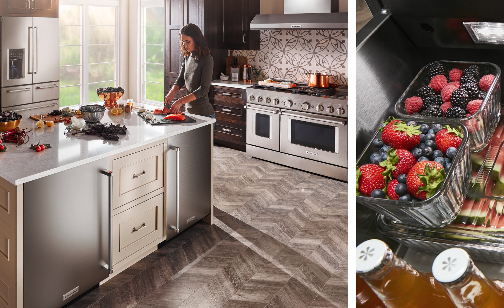 A collage of images including a person preparing food at a kitchen island with a built-in undercounter refrigerator and a closeup of containers of strawberries, blueberries, black raspberries and red raspberries.