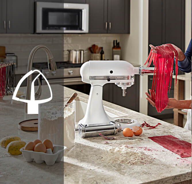 Person using a KitchenAid® pasta attachment Person using a KitchenAid® pasta attachment