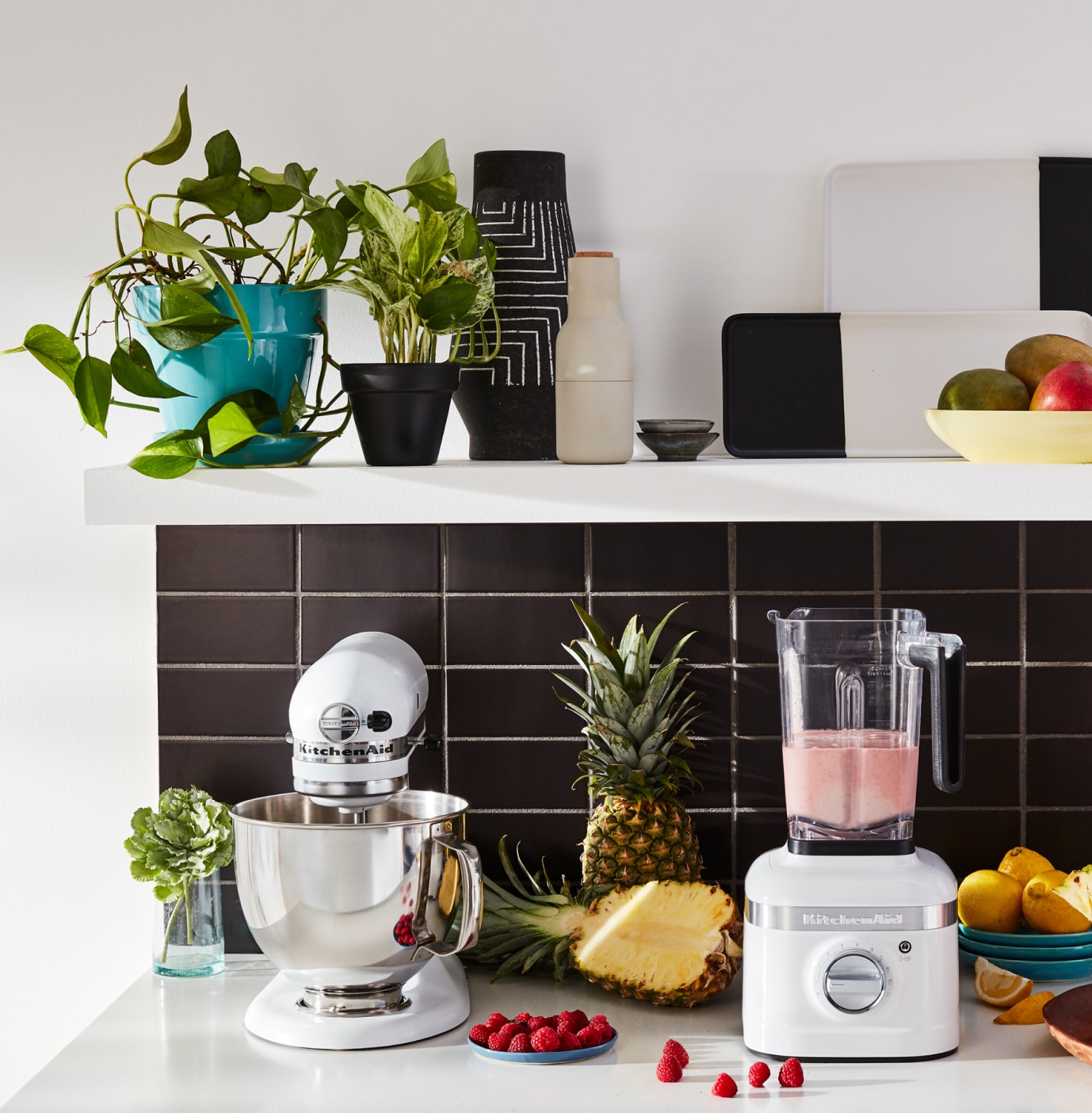 Profile shot of an organized countertop with stand mixer, blender, assorted fruits and plants.