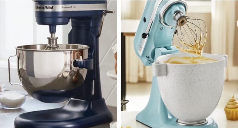 A KitchenAid® black bowl-lift stand mixer and a blue tilt-head stand mixer.