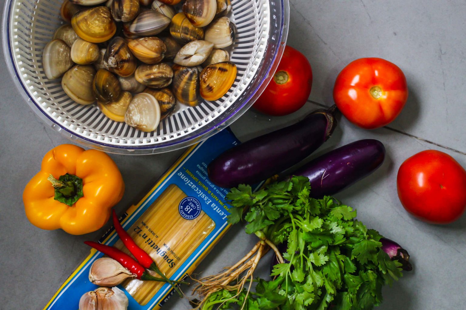 Some of the ingredients used for Spicy Clam Pasta.