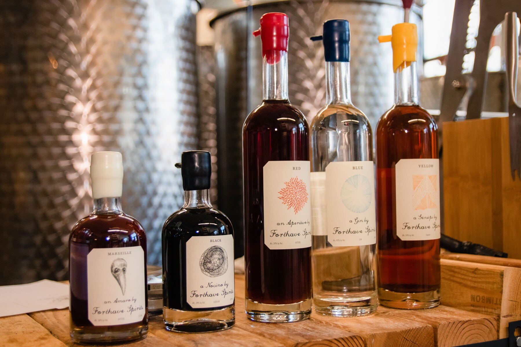 A selection of liquor bottles from Forthave Spirits.