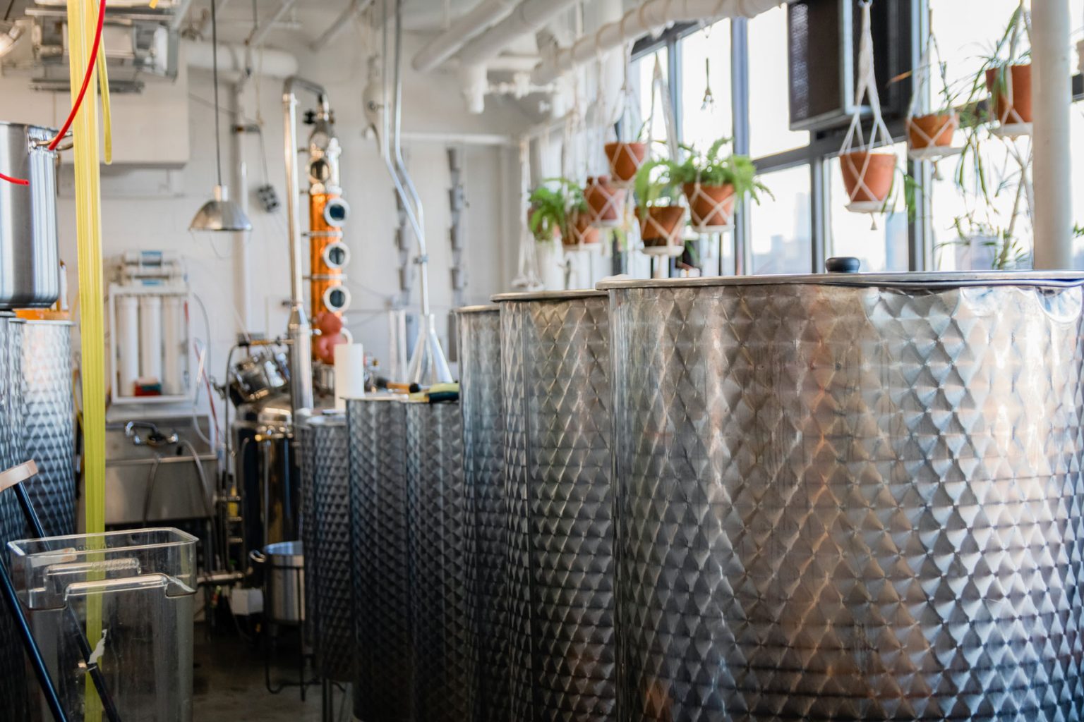 The large containers holding liquor.