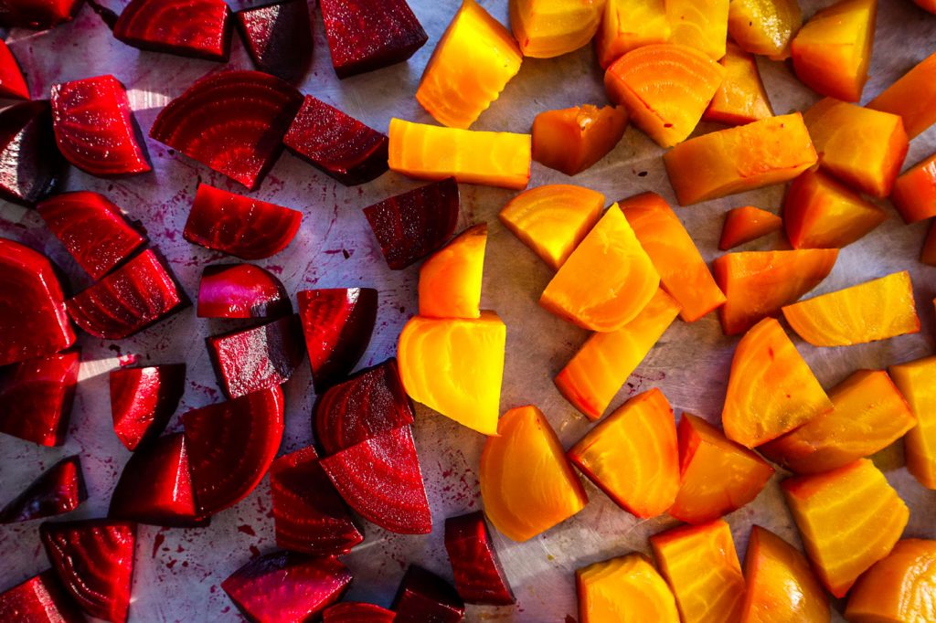 Sliced beetroots on a tray.