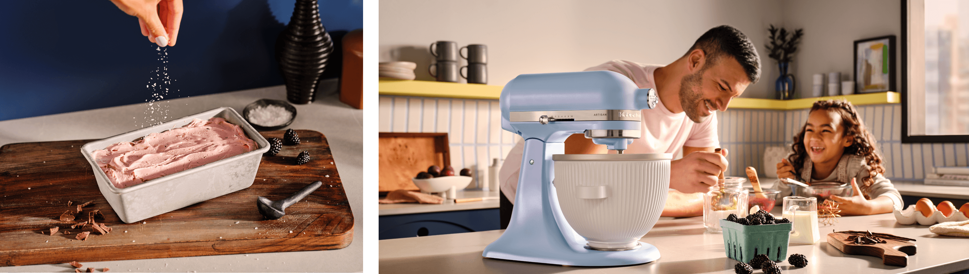 Blackberry ice cream in a loaf pan, waiting to be scooped. A person working in the kitchen in the background of the Blue Salt mixer.