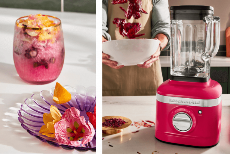 A vibrant pink shaved ice cocktail and a Hibiscus blender.