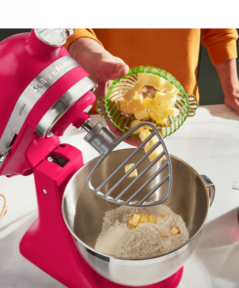 A Hibiscus stand mixer with the pastry beater attached.