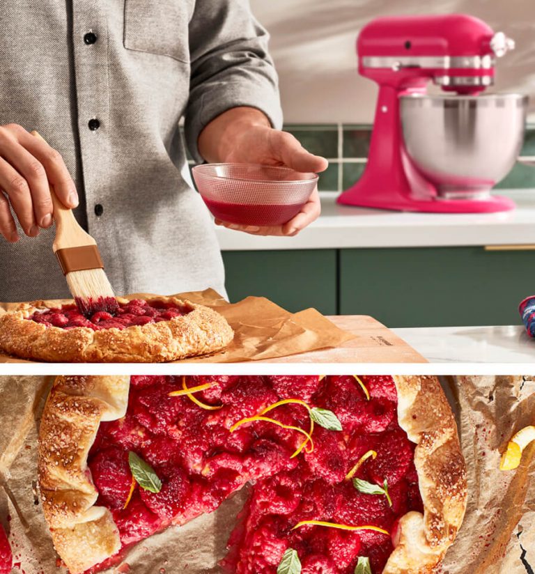 A man brushing a Hibiscus glaze over a galette with a Hibiscus stand mixer in the background and a top-down view of a vibrantly pink galette.