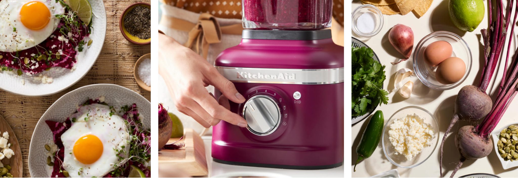 A series of images, including a top-down view of two egg-topped dishes. A close-up of the Beetroot blender, with a woman turning the dial. A series of colorful ingredients, including beets.