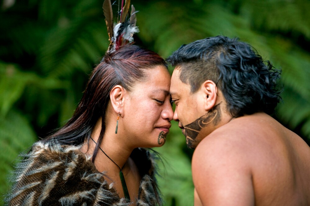 A beloved, traditional greeting between a Maori man and woman.