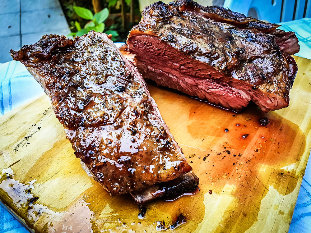 Juicy meat cooked rare.