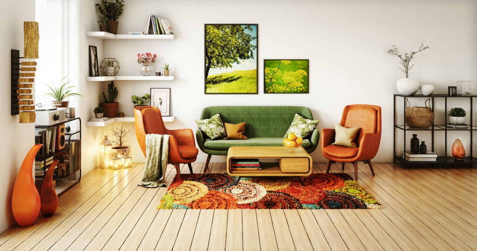 A living room filled with rustic and earthy colors.