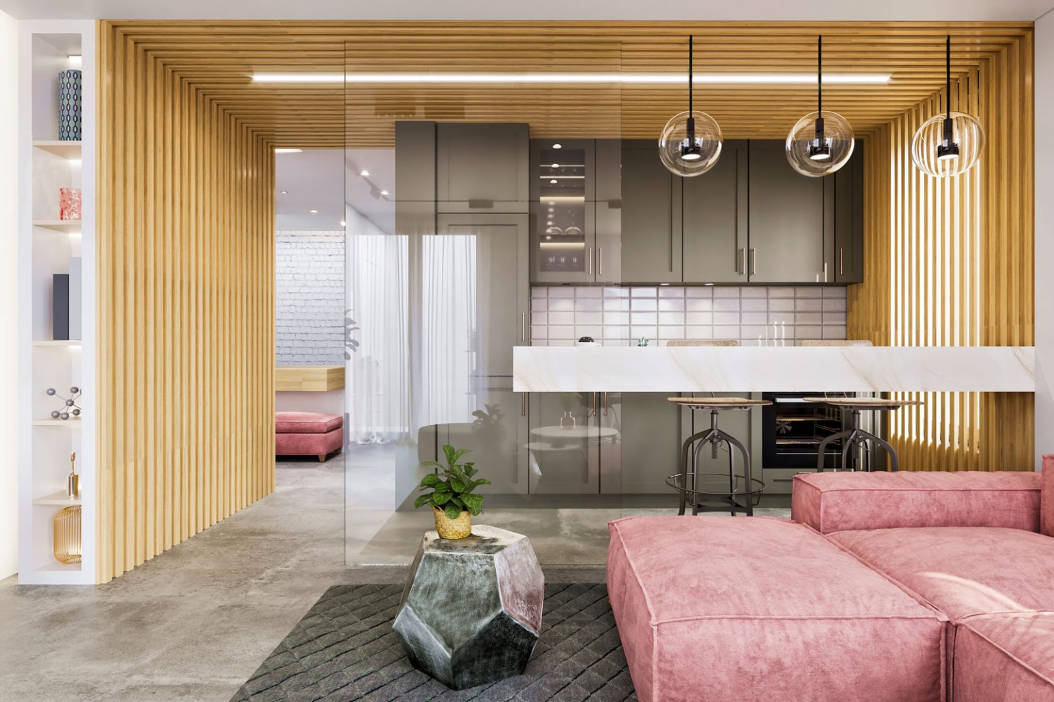 A modern, streamlined kitchen and living