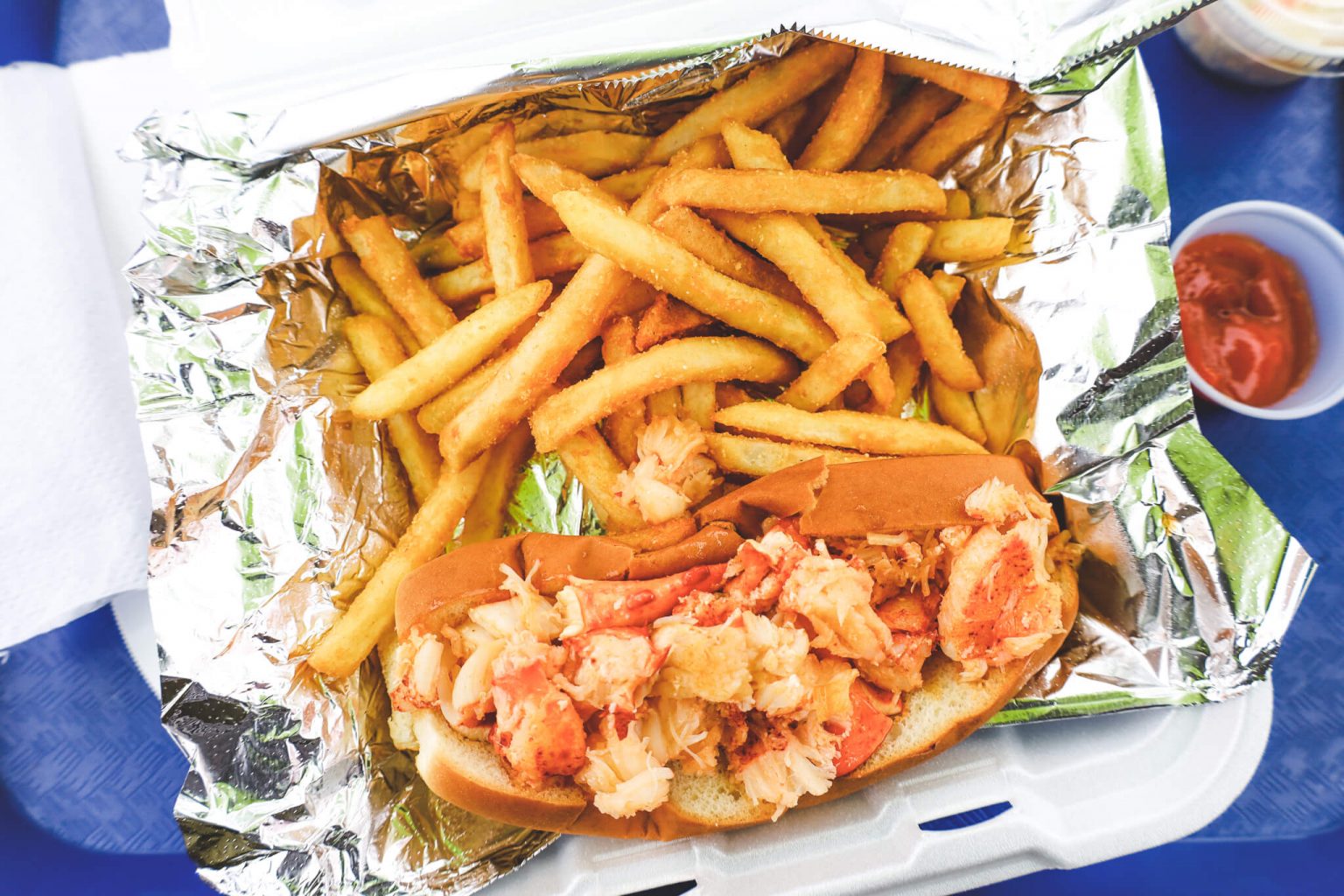 A lobster roll served with crispy french fries.