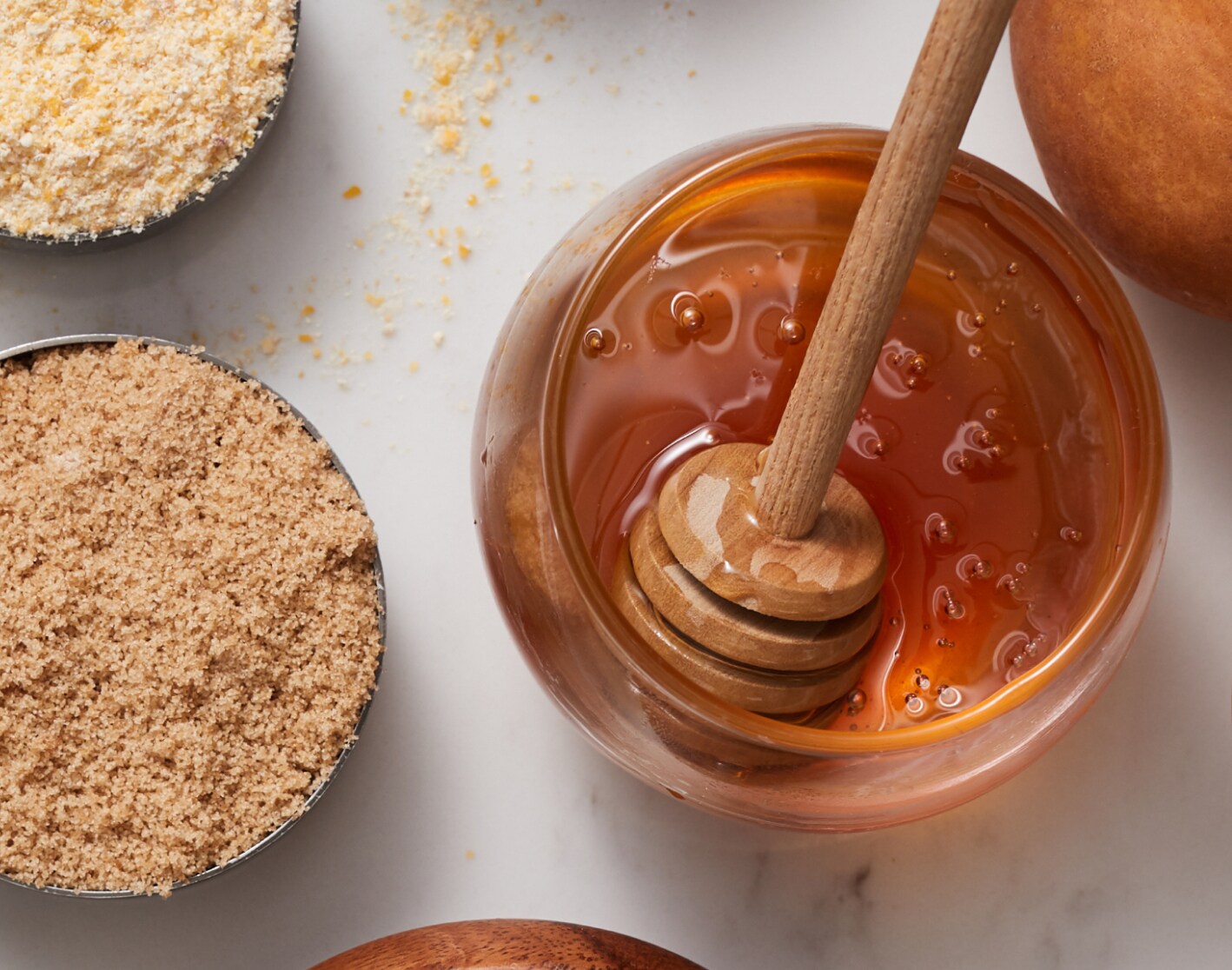 A top-down view of a jar of honey.
