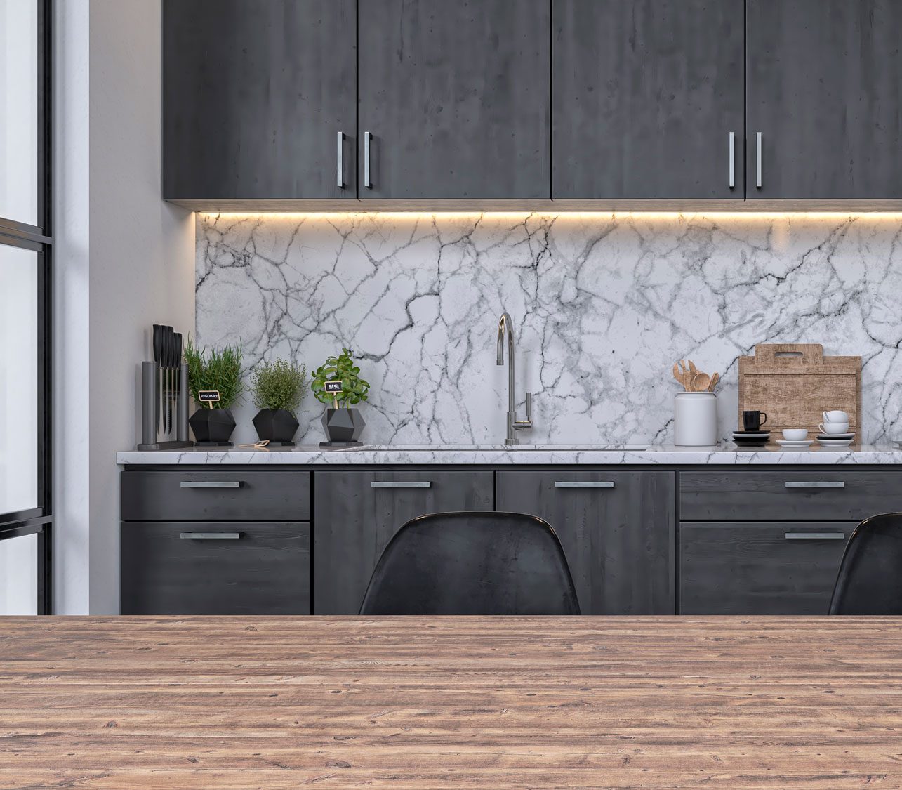 A modern kitchen with gray tones.
