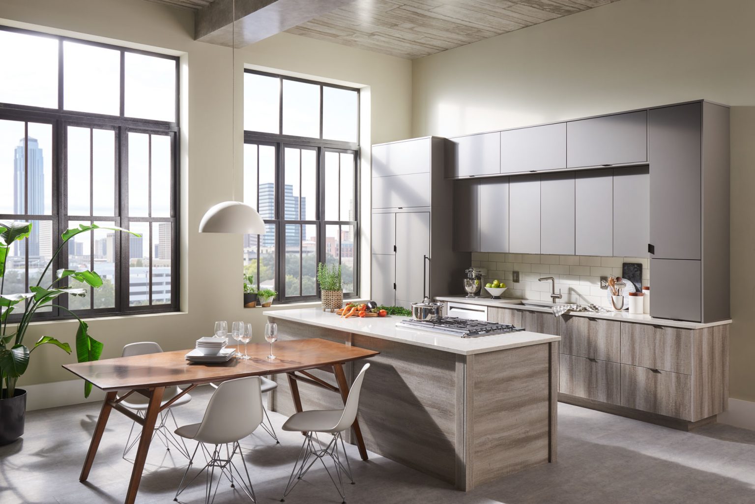 A streamlined kitchen and dining space.