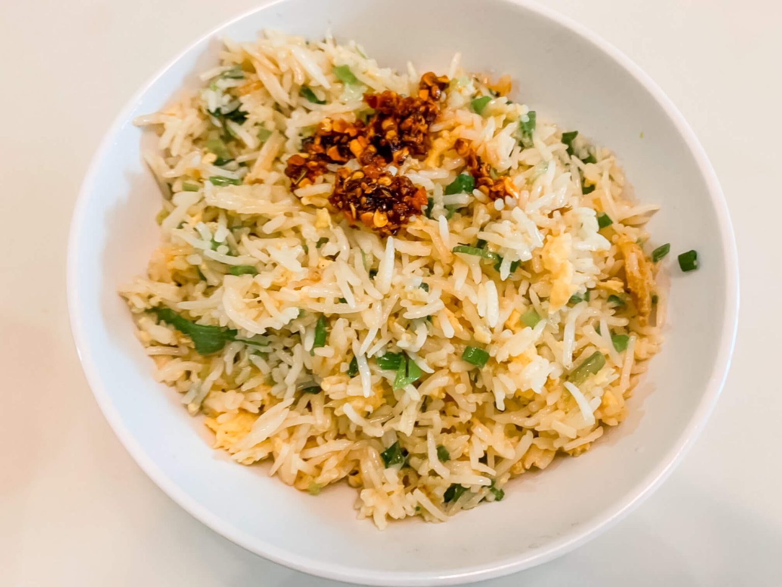 A bowl of freshly made egg fried rice.