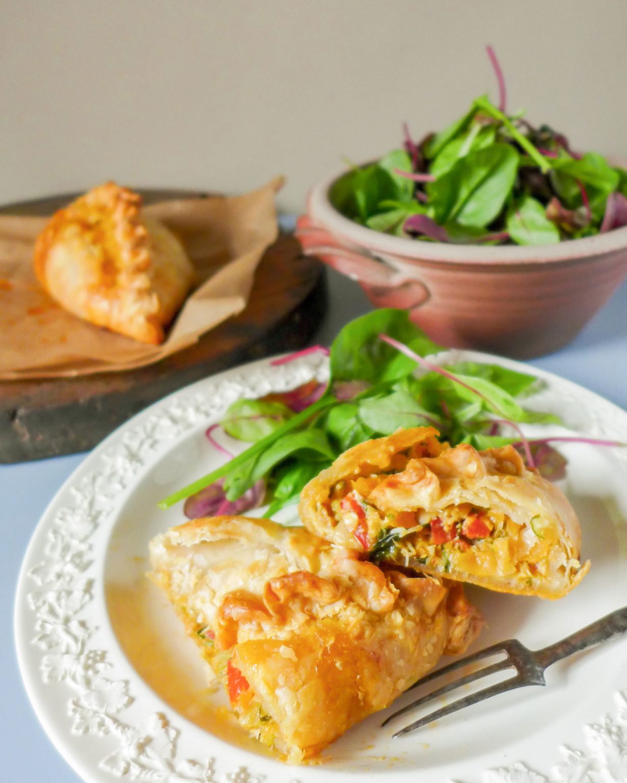 A plate of served crab pasties.
