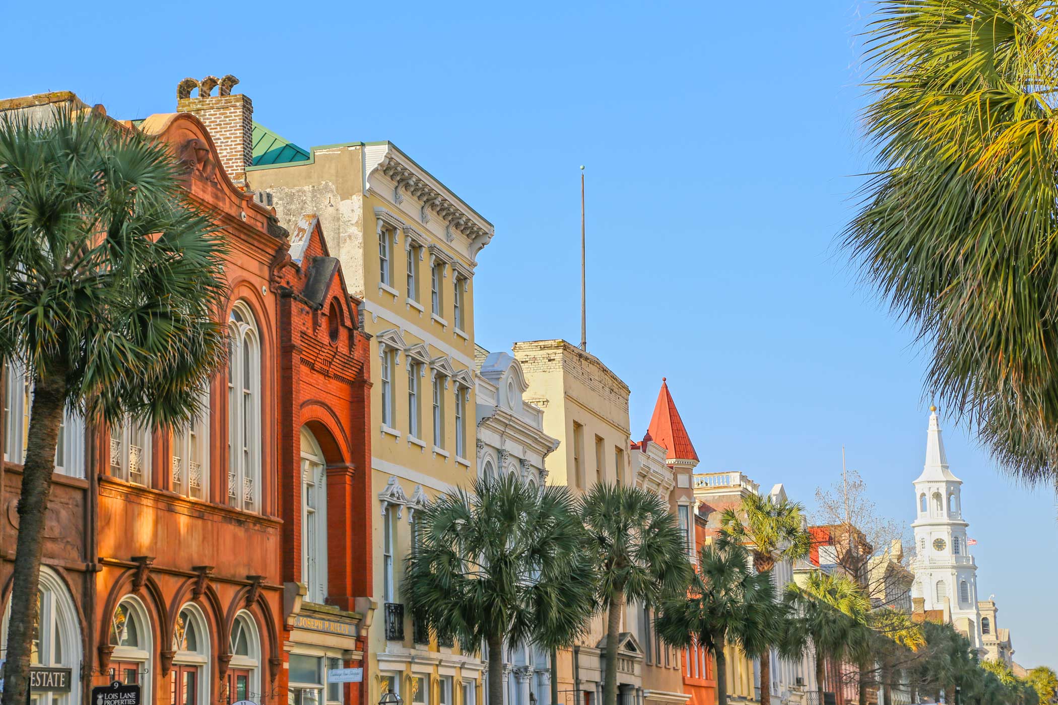 A colorful view of Charleston's historic buildings and lively palm trees.