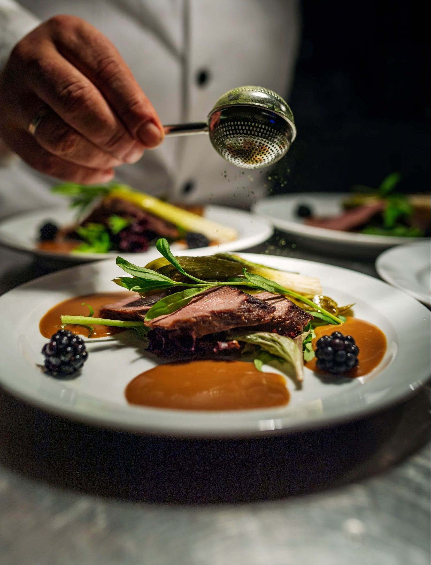 A white plate holding roasted venison with blackberry sauce.
