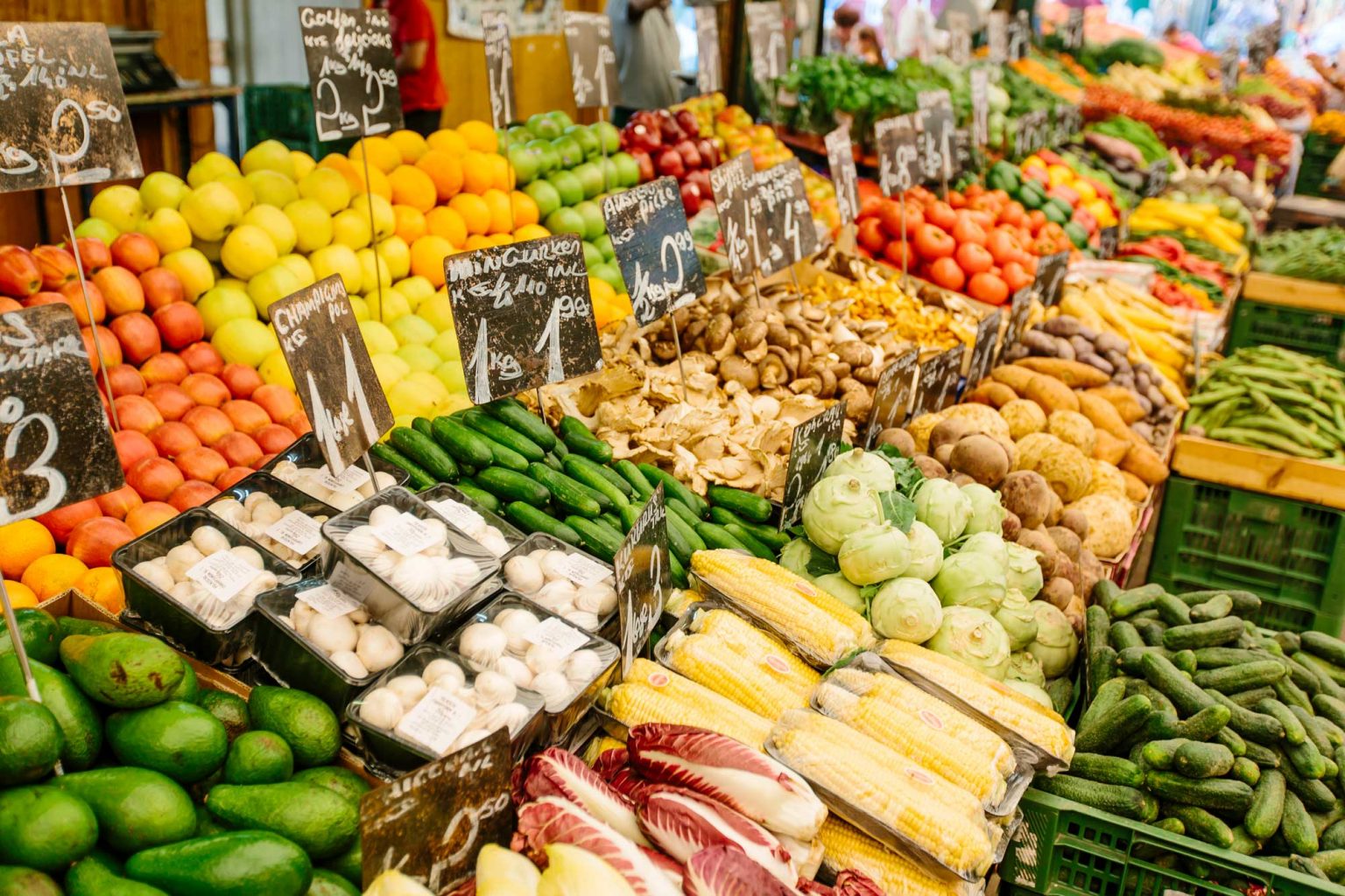 Seemingly endless displays of various fruits and vegetables.